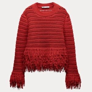 Zara Red Fringe Crochet Sweater